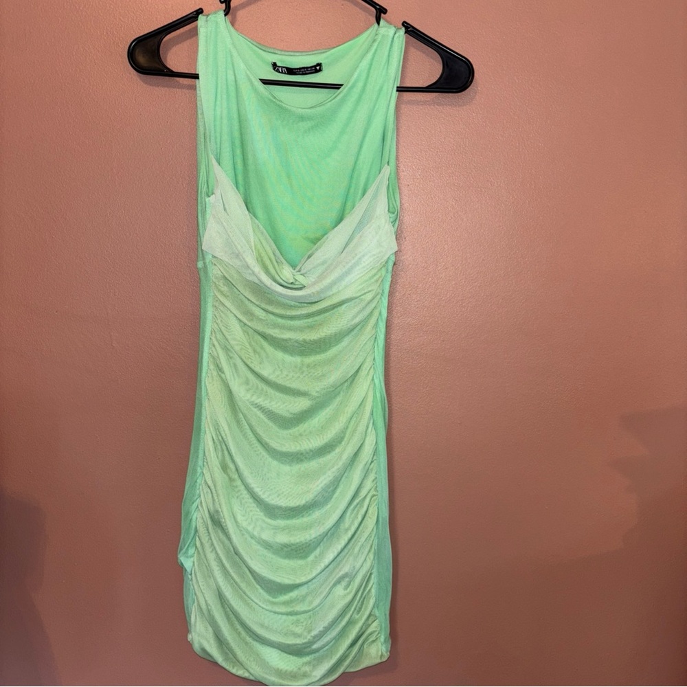 ZARA MIDI GREEN BODYCON TULLE DRESS 8342/371 AS IS SZ SMALL